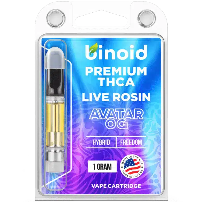 A "binoid PREMIUM THCA LIVE ROSIN AVATAR OG" vape cartridge is sealed in clear plastic packaging.