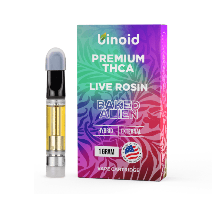 A vape cartridge with yellow liquid and a colorful box that reads "PREMIUM THCA LIVE ROSIN BAKED ALIEN."