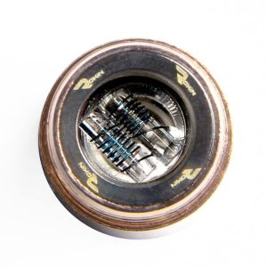 A top-down view of a vape atomizer with two coils and "ROHIN" text on the dark metal ring.