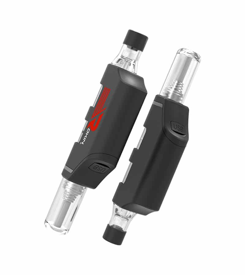 Two black and clear glass vaping devices with "OKIN" and "USB" labels are angled on a white background.