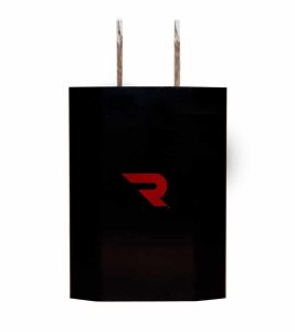 A black shopping bag with two brown handles and a red "R" logo on the front.