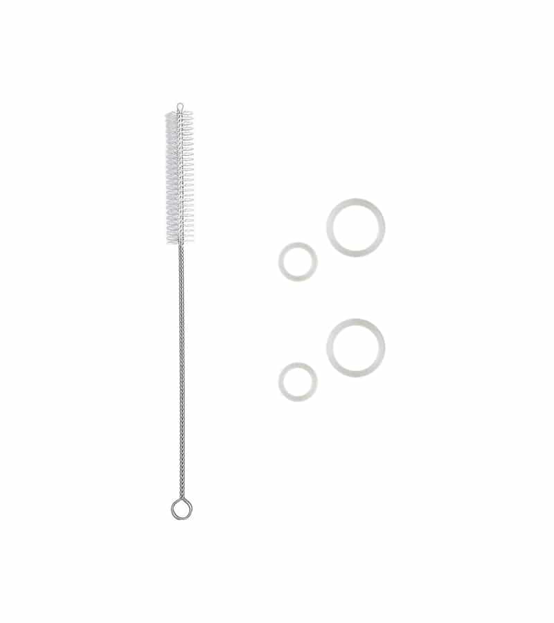 A long, thin metal brush with white bristles and four clear silicone O-rings of varying sizes.