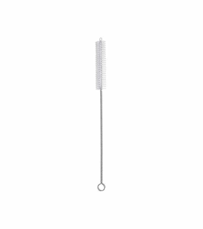 A white bristle brush with a long, thin metal handle and a small loop at the end.