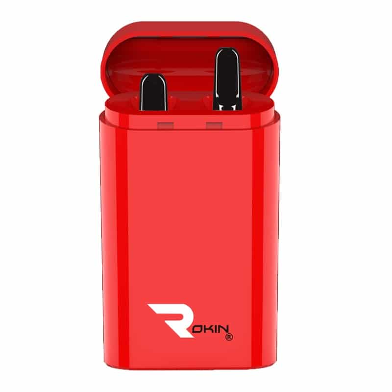 A vibrant red rectangular charging case for earbuds, with the lid open revealing two black earbuds inside and "ROKIN" logo.
