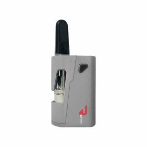 A gray vape device with a black mouthpiece and a clear cartridge, displaying the red "ROKIN" logo.