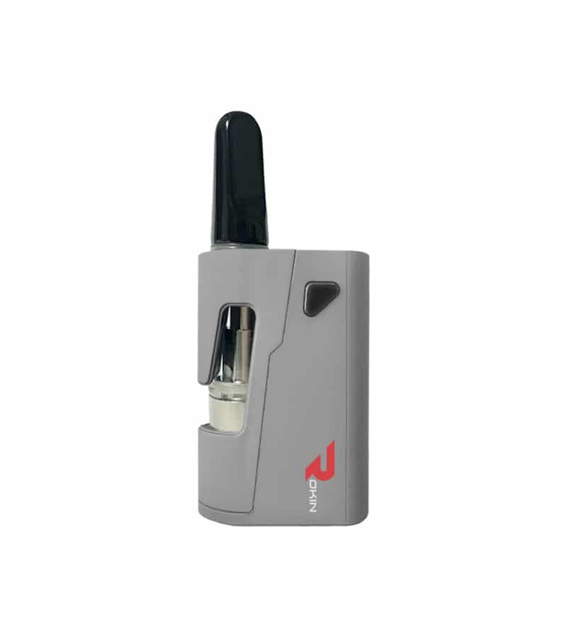 A gray vape device with a black mouthpiece and a clear cartridge, displaying the red "ROKIN" logo.