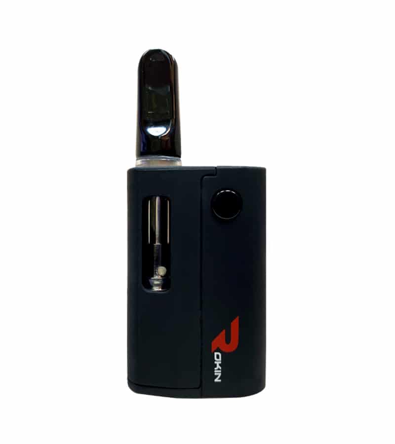 A black vape pen with a clear cartridge and "ROKIN" in red text is centered on a white background.
