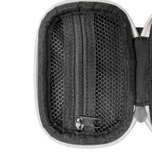 An open black zippered pouch with a mesh pocket on the left and a zipper pull tab on the right.