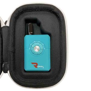A turquoise "ROKIN" vape with a silver dial and black mouthpiece rests in a black zippered case.