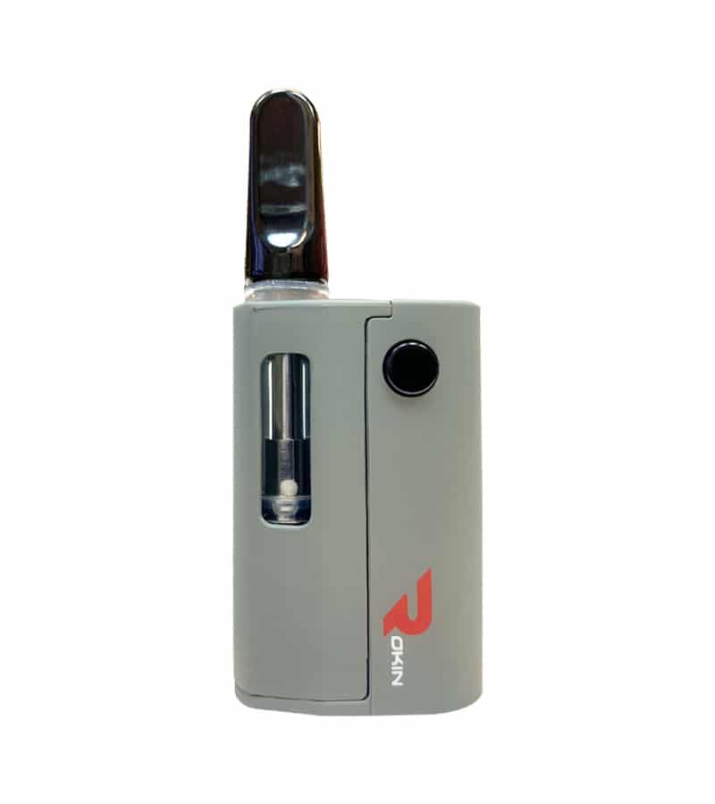 A gray vape device with a black mouthpiece and "ROKIN" in red text on the bottom right.