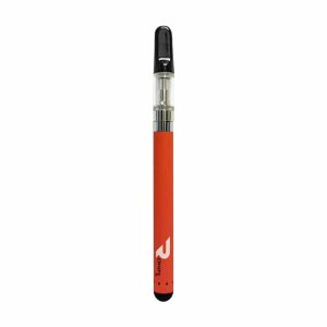 A vertical orange vape pen with a clear cartridge and black mouthpiece, featuring a "ROKIN" logo.