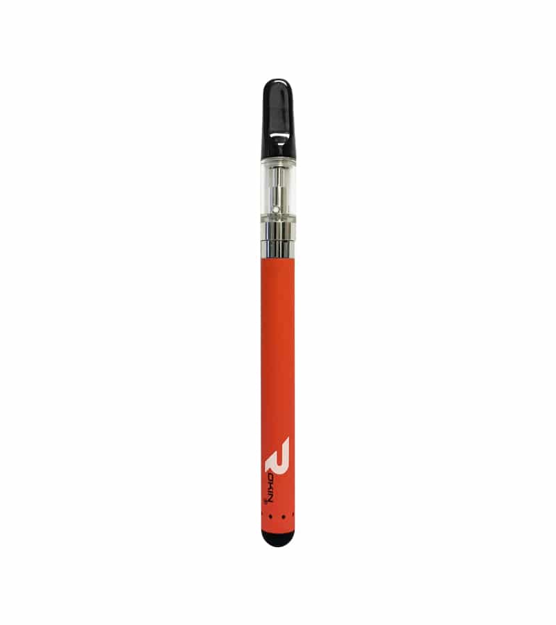 A vertical orange vape pen with a clear cartridge and black mouthpiece, featuring a "ROKIN" logo.
