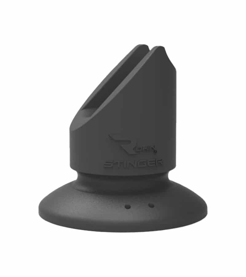 A black "ROHN STINGER" golf tee with a wide base and an angled top slot is shown on a white background.