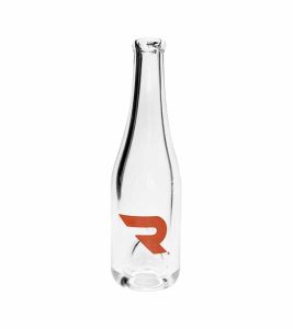 A clear glass bottle with a narrow neck and a red "R" logo on its side.
