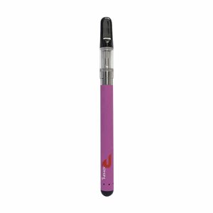 A pink vape pen with a clear cartridge and black mouthpiece, featuring a red "OKIN" logo.