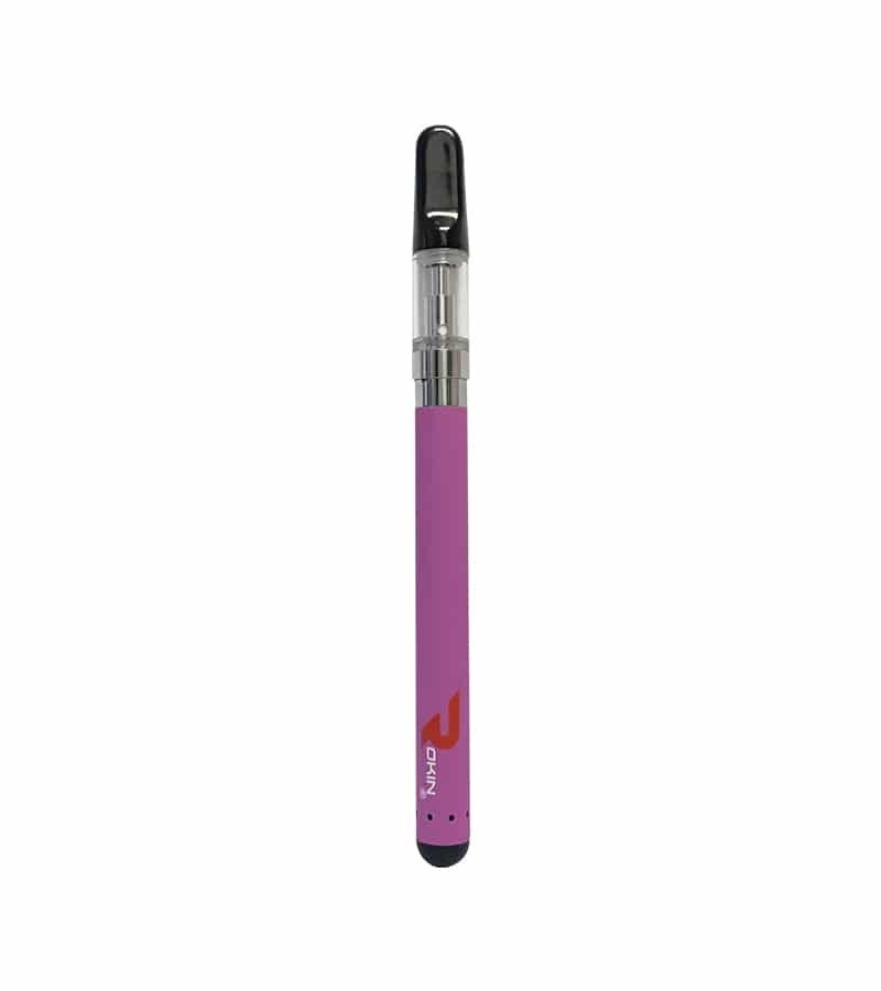 A pink vape pen with a clear cartridge and black mouthpiece, featuring a red "OKIN" logo.
