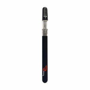 A black vape pen with a clear cartridge and black mouthpiece, featuring a red "OKIN" logo.