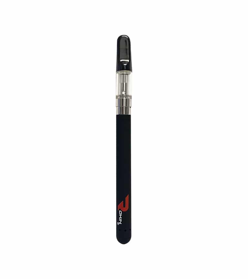 A black vape pen with a clear cartridge and black mouthpiece, featuring a red "OKIN" logo.