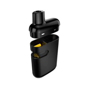 A black vape pod is shown in two pieces, with the top separated from the base, revealing yellow inside.