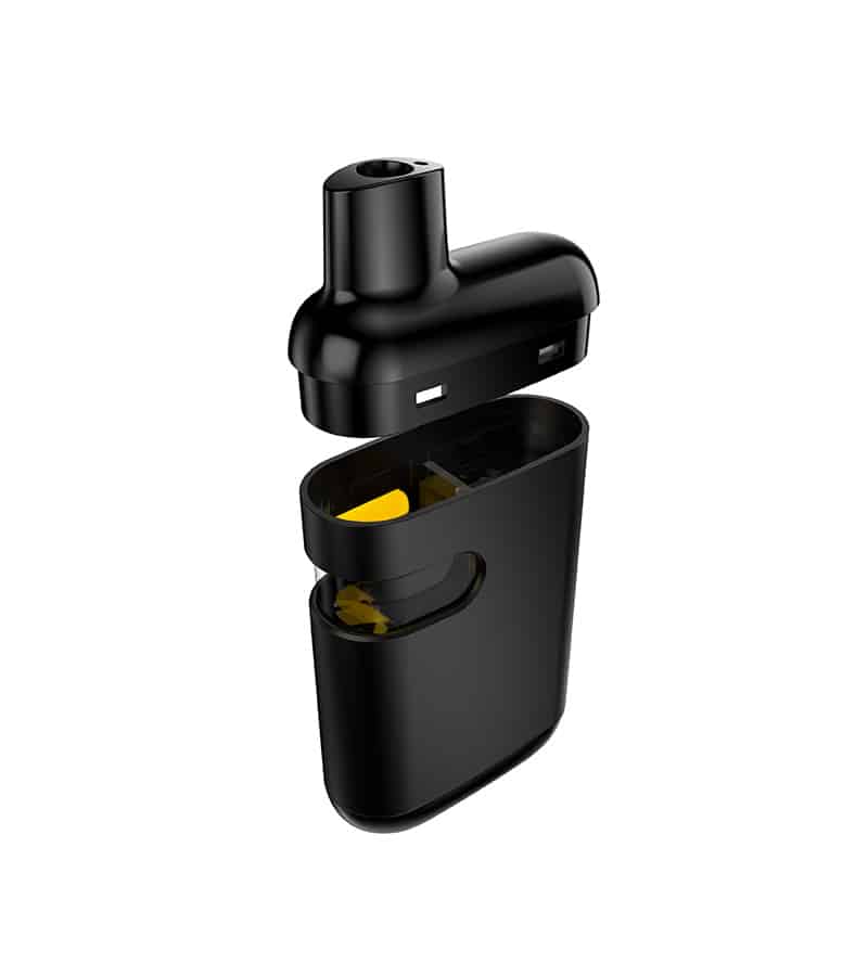 A black vape pod is shown in two pieces, with the top separated from the base, revealing yellow inside.