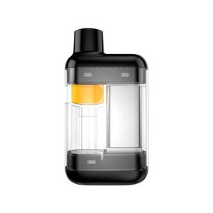A black and clear vape pod with an orange internal component is centered on a white background.