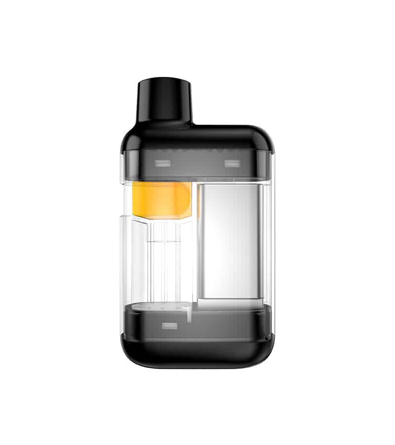 A black and clear vape pod with an orange internal component is centered on a white background.