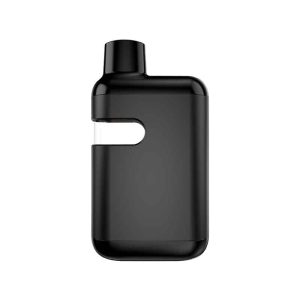 A sleek, black, rectangular vape device with a clear, U-shaped window and a mouthpiece on top.