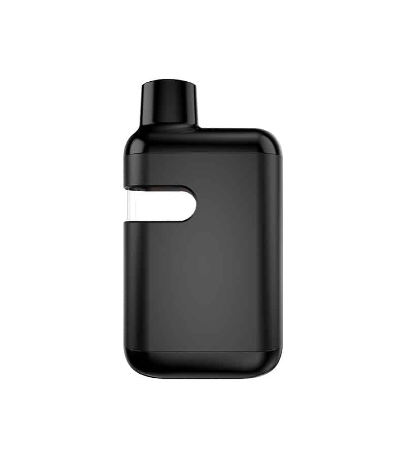 A sleek, black, rectangular vape device with a clear, U-shaped window and a mouthpiece on top.