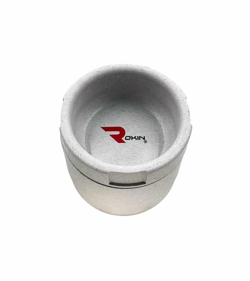 A light gray, speckled, round bowl with a red "ROKIN" logo and a red stylized "R" at the bottom.