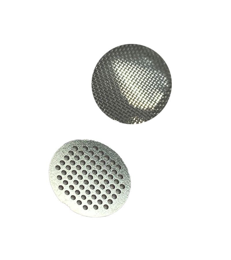 Two circular metal filters are shown on a white background: one is a mesh screen, the other is perforated.