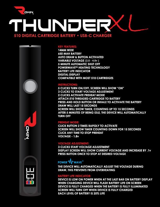 A black vape pen with a circular button and a screen displaying "3.0V" is next to "THUNDERXL" text.