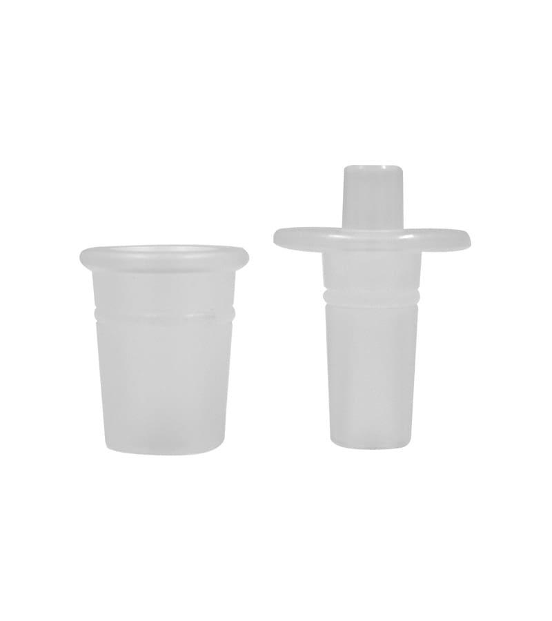 Two translucent white glass laboratory adapters are shown: one female joint and one male joint.