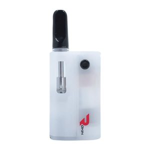 A white rectangular vape device with a black mouthpiece, a transparent cartridge, and "ROKIN" in red.