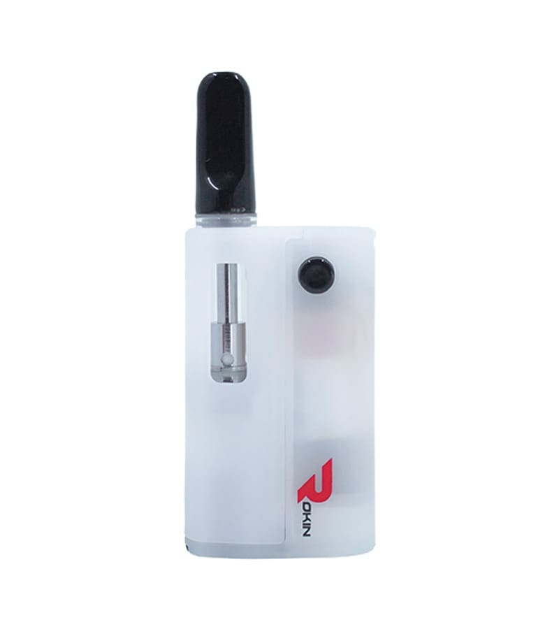 A white rectangular vape device with a black mouthpiece, a transparent cartridge, and "ROKIN" in red.