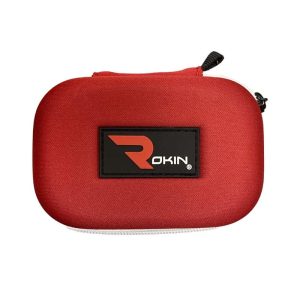 A red, oval-shaped carrying case with a black zipper and a black label that reads "ROKIN" in white.