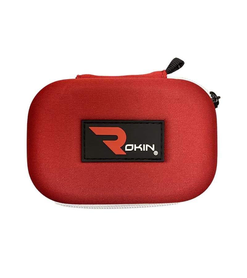 A red, oval-shaped carrying case with a black zipper and a black label that reads "ROKIN" in white.