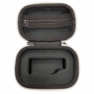 An open white and black hard case with a mesh zipper pocket and a custom-fit foam insert.
