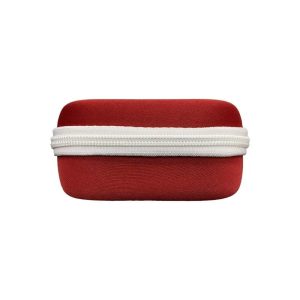 A red rectangular hard case with rounded edges features a white zipper running horizontally across its middle.