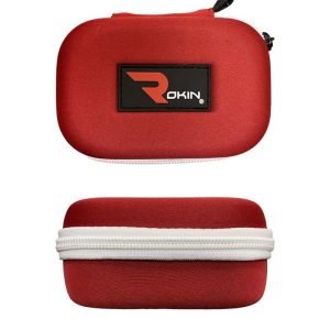 Two views of a red, oval-shaped hard case with a white zipper and a black "ROKIN" logo.
