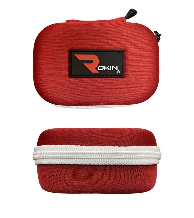 Two views of a red, oval-shaped hard case with a white zipper and a black "ROKIN" logo.