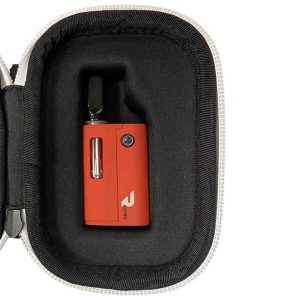 An orange "ROKIN" vape pen with a cartridge and button rests in a black foam case.
