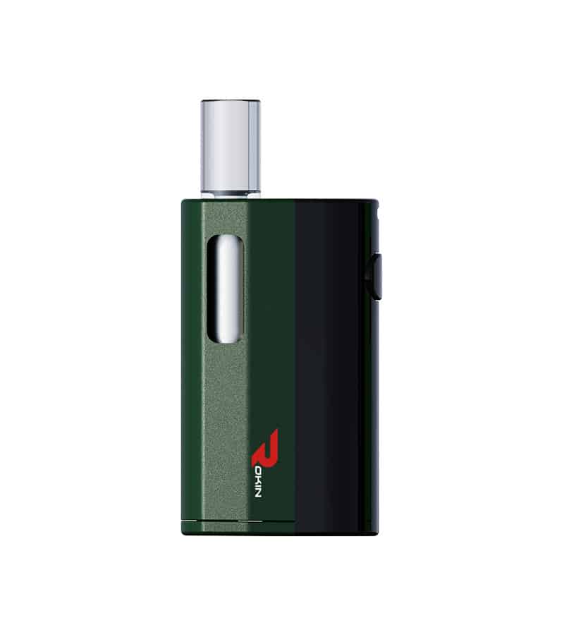 A dark green and black vape device with a clear mouthpiece and "ROKIN" in red on the front.
