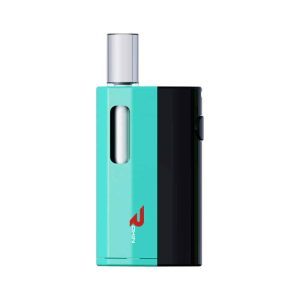 A two-toned teal and black vape device with a silver mouthpiece and "ROKIN" in red text.