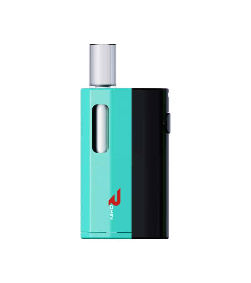 A two-toned teal and black vape device with a silver mouthpiece and "ROKIN" in red text.