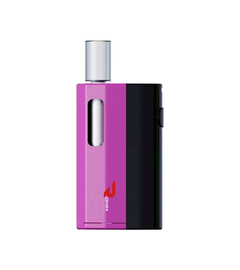 A magenta and black vape pen with a silver mouthpiece and "ROKIN" in red text on the side.