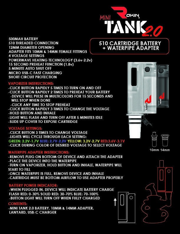 A black background displays "MINI ROKIN TANK 2.0" with product features and instructions in white text.