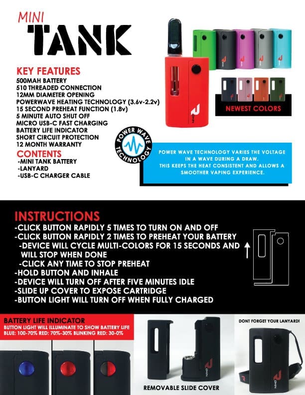 A red "Mini Tank" vape device, with "Newest Colors" of similar devices in various hues.
