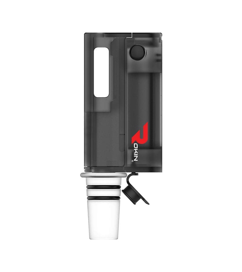 A black and clear rectangular device with a red "ROKIN" logo and a clear glass attachment on the bottom.