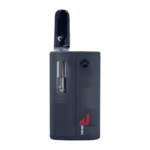 A black vape pen with a clear cartridge and a black mouthpiece stands upright, displaying the red "ROKIN" logo.