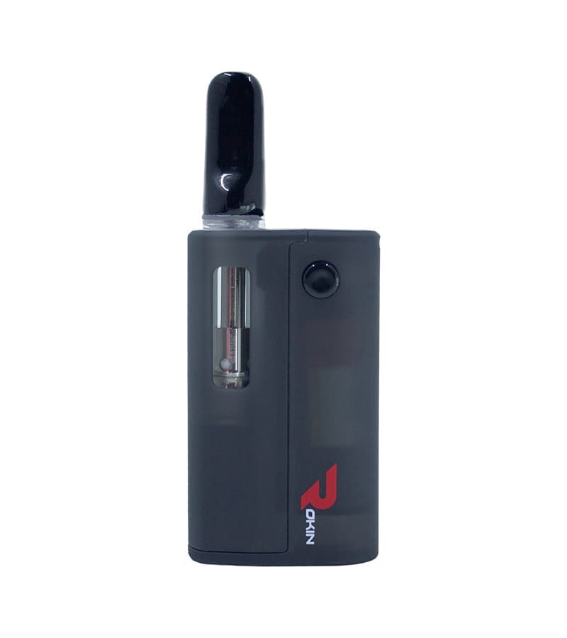 A black vape pen with a clear cartridge and a black mouthpiece stands upright, displaying the red "ROKIN" logo.